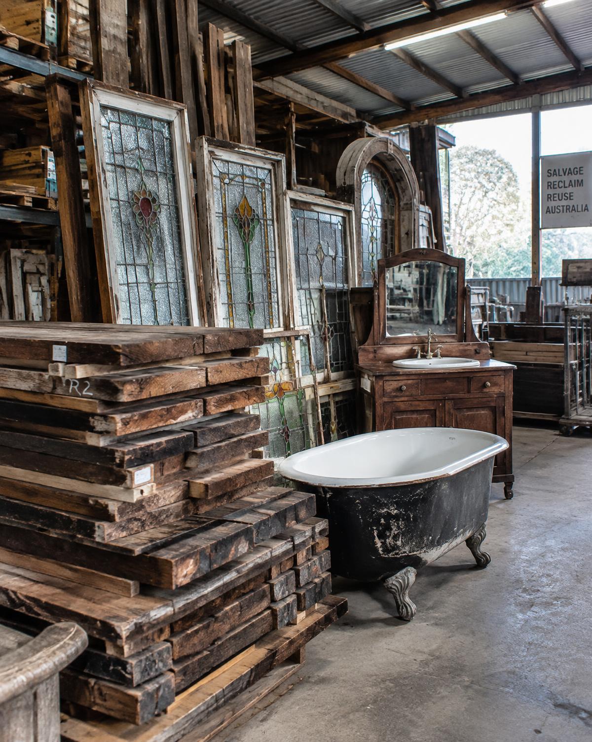 Leadlight windows, timber and a clawfoot bath in the shed